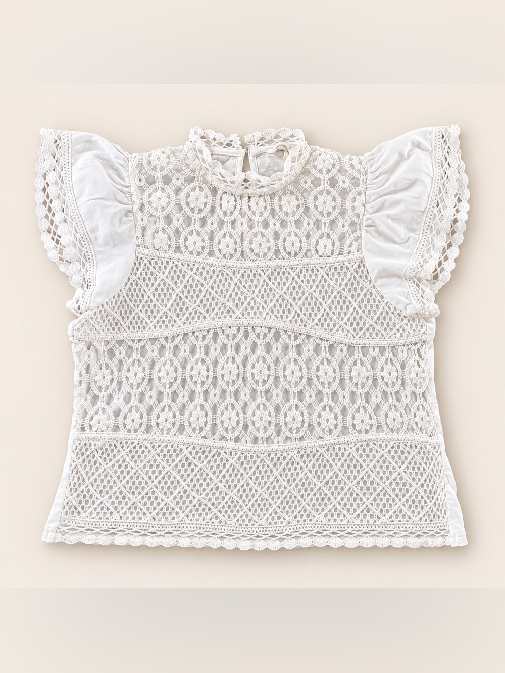 Jennifer & Grace White Crochet Lace Flutter Sleeve Blouse Boho